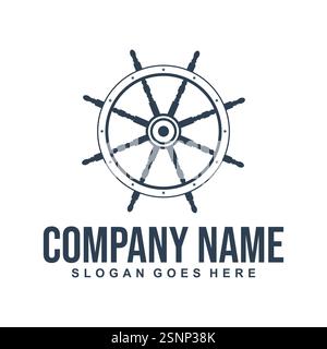 Ispirazione per il design del logo Steering Wheel Sailor Captain Boat Ship Yacht Transport Illustrazione Vettoriale