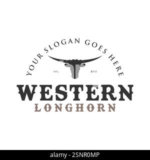 Logo Texas Longhorn, Country Western Bull Cattle Vintage Design retrò Illustrazione Vettoriale