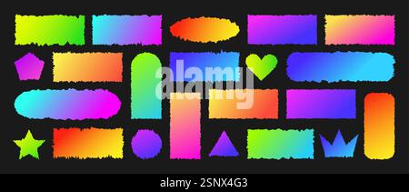 Set di rettangolo sfumato con sfumatura. Carta strappata per adesivi o collage. Elementi ondulati a zig zag sui bordi isolati su sfondo nero. Vettore Illustrazione Vettoriale