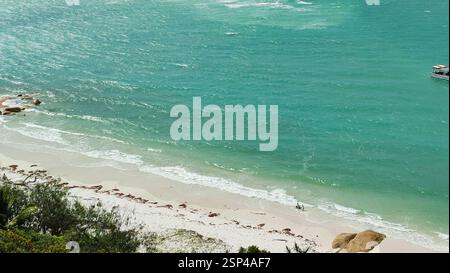 Una spiaggia sabbiosa con dolci onde che lambiscono la riva e una piccola barca che galleggia pacificamente in lontananza. E' una scena tranquilla, perfetta per una tranquilla Foto Stock
