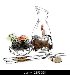 Cucina tradizionale giapponese, sushi gunkan con caviale di salmone di pesce crudo, fette di cetriolo in una ciotola di ceramica, salsa di soia, bacchette, disegnate a mano con acquerello Foto Stock