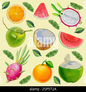 Collezione di frutta dipinta ad acquerello. Elementi di design per alimenti freschi disegnati a mano isolati su un morbido sfondo giallo. Illustrazione di disegno con motivo Foto Stock