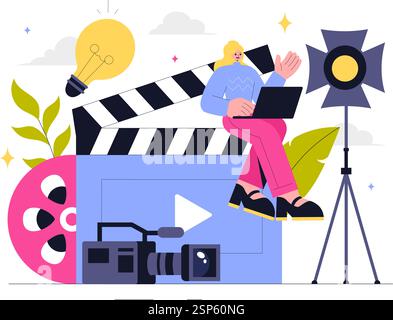 Illustrazione vettoriale dei servizi di videografia con produzione di videoregistratori, produzione di film, apparecchiature per videografi e industria cinematografica Illustrazione Vettoriale