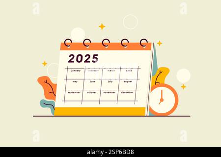 Illustrazione vettoriale del calendario 2025 con icona orologio. Calendario annuale della scrivania con griglia divisoria e spazio per appunti. Concetti di pianificazione, produttività Illustrazione Vettoriale