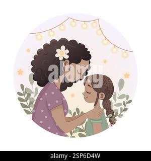 Festa della mamma, una donna dalla pelle scura abbraccia sua figlia in una cornice Illustrazione Vettoriale
