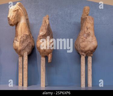 Sculture di cavalli, frontone orientale del tempio arcaico di Apollo, Museo Archeologico di Delfi, Delfi, Grecia Foto Stock
