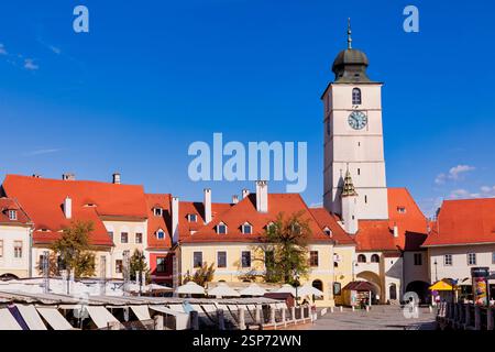 La Torre del Consiglio nella città vecchia di Sibiu, Transilvania, Romania Foto Stock