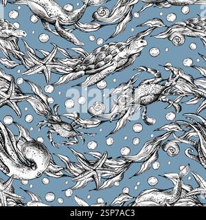Polpi, tartarughe, balene, meduse, alghe a forma di onda con stelle marine e bolle d'acqua. Illustrazione grafica disegnata a mano con inchiostro nero Illustrazione Vettoriale