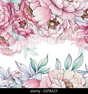 Le tenui sfumature di rosa e bianco riempiono la tela mentre le peonie fioriscono abbondantemente, i loro graziosi petali si intrecciano con un delicato motivo fogliare senza cuciture Illustrazione Vettoriale