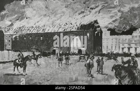 Storia della Spagna. Incendio dell'Armeria reale di Madrid (Real Armería de Madrid) nelle prime ore della mattina del 9-10 luglio 1884. Aspetto dell'edificio bruciato alle due della mattina del 10, quando il tetto era già stato completamente distrutto e i primi feriti erano stati trovati. Disegno di Manuel Alcázar. Incisione. The Spanish and American Illustration (la Ilustración Española y americana). 15 luglio 1884. Foto Stock