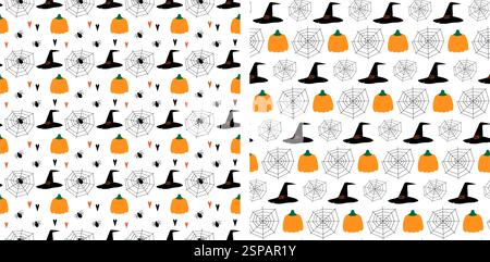 Zucche, cappellini da prugna, ragni, ragnatela e cuori decorativi motivi senza cuciture Halloween fond set 2. Wrapping di illustrazioni vettoriali isolate, banner promozionali su sfondo o Web, schede tematiche, opuscolo, tag Illustrazione Vettoriale