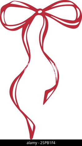 Arco rosso. Oggetto EPS vettoriale isolato. Illustrazione disegnata a mano. Accessorio nastro sottile. Nucleo di Coquette. Elemento stravagante per un invito romantico, un compleanno, un biglietto da visita e un matrimonio. Schizzo del contorno. Illustrazione Vettoriale