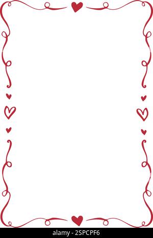 Vignettatura cornice rettangolare con cuori. Modello EPS vettoriale. Illustrazione decorativa con linee disegnate a mano. Stravaganti vortici vintage per inviti festivi, cartoline di auguri, buono regalo, carta. Illustrazione Vettoriale
