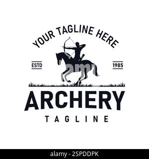 Silhouette di Guerriero medievale su Cavallo con arco sta puntando Freccia durante la battaglia. Per War Fight Logo Illustrazione Vettoriale