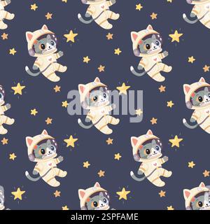 Motivo spaziale senza cuciture, simpatico motivo per bambini. cat Illustrazione Vettoriale