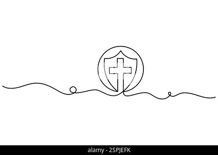 Disegno continuo su una linea di croce cristiana, vettoriale isolato su uno stile minimalista bianco Illustrazione Vettoriale
