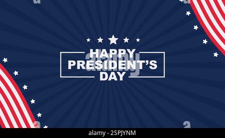 Elegante bandiera che celebra la giornata del Presidente con un tema patriottico americano. Presenta elementi come la bandiera americana, le stelle e motivi storici, id Illustrazione Vettoriale