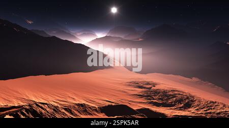Tramonto su Marte. Montagne di Marte, vista dalla valle. Illustrazione 3D. Foto Stock