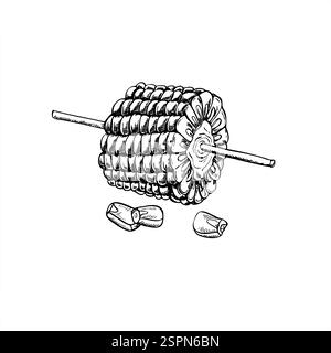 Granoturco grigliato su bastone di legno e kernel immagine grafica vettoriale dipinta con inchiostri neri. Mais messicano su spiedino. Fast food barbecue fritto Illustrazione Vettoriale