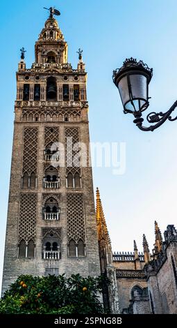 Un alto e ornato campanile con intricati dettagli architettonici, circondato da un cielo azzurro. Una lampada da strada vintage è visibile in primo piano, ad Foto Stock