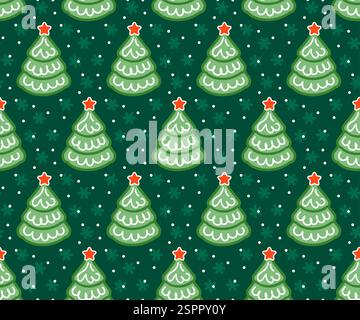 Albero di Natale verde senza cuciture. Albero di Natale verde su sfondo verde scuro, motivo di Capodanno per carta da imballaggio, tessuto, cartoncino Illustrazione Vettoriale