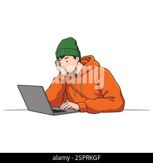 Giovane uomo con cappuccio che lavora su un notebook - umore concentrato e contemplativo Illustrazione Vettoriale