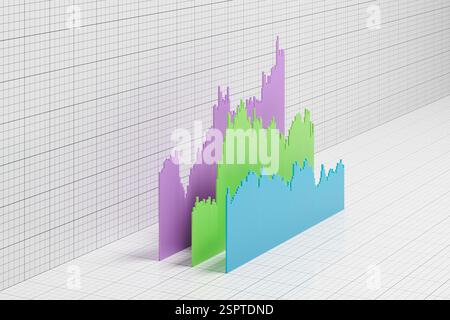 Grafico a barre dei prezzi storici di titoli, azioni, obbligazioni o materie prime o dati finanziari disposti in 3d su sfondo cartaceo su scala. Copia spazio Foto Stock
