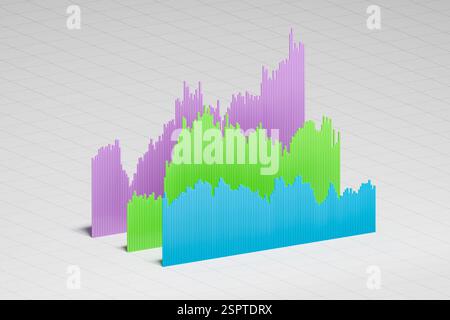 Grafico a barre dei prezzi storici di titoli, azioni, obbligazioni o materie prime o dati finanziari disposti in 3d su sfondo cartaceo su scala. Isometrico im Foto Stock