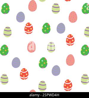 Un motivo senza cuciture con uova di Pasqua decorate colorate su sfondo bianco. Perfetto per design a tema natalizio, carta da imballaggio e tessuti. Illustrazione Vettoriale