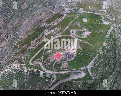 Vista aerea dall'alto verso il basso del Castillo de la Estrella, castello stellare di Teba, Spagna, con grande tenuta quadrata, scavi Foto Stock