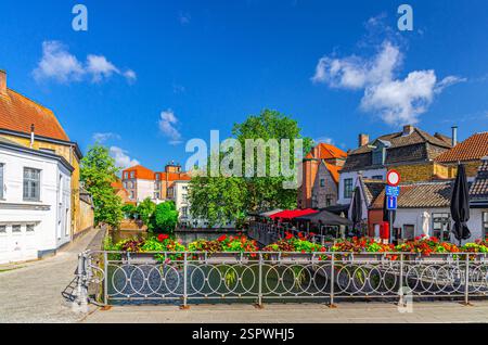 Ponte in pietra Predikherenbrug sul canale verde di Groenerei con recinzione in metallo con vasi di fiori, argine nel centro storico di Bruges, edifici medievali a Bru Foto Stock