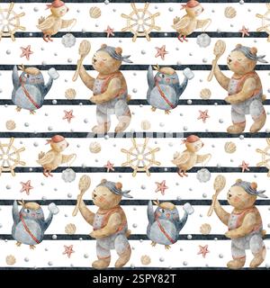 Pirati di sapone ad acquerello, orso, pinguino, pappagallo, cucciolo, bolle. Illustrazione per bambini disegnata a mano in stile cartoni animati. Isolato su bianco Foto Stock