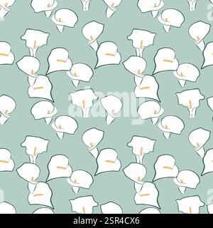 Fiore di giglio naturale l'eleganza di Arum Lily nel disegno in linea, gigli di calla disegnati a mano vettoriali senza cuciture, tessuto, tessuto. Illustrazione Vettoriale