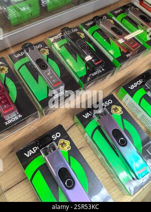 Bobruisk, Bielorussia - 10 febbraio 2025: I coloratissimi dispositivi di vapore sono ordinatamente disposti su scaffali di legno in un negozio. Ogni dispositivo mostra design unici mentre t Foto Stock