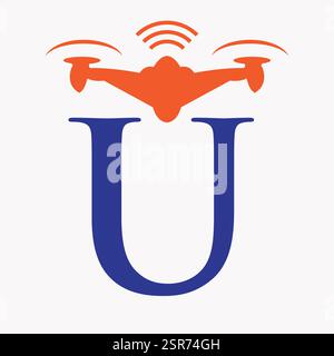 Lettera iniziale U concetto di progettazione del logo del drone per il vettore e il modello di sospiro per irrigazione agricola Illustrazione Vettoriale