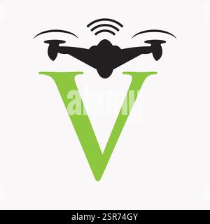 Lettera iniziale V concetto di progettazione del logo del drone per vettore e modello di sospiro irrigazione agricola Illustrazione Vettoriale
