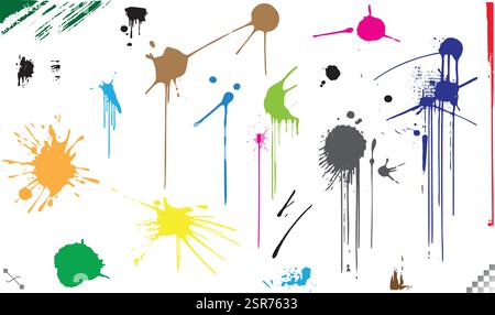 L'inchiostro colorato in stile grunge schizza, gocce e spruzzi in un design astratto ed espressivo con tonalità audaci e vivaci. Illustrazione Vettoriale