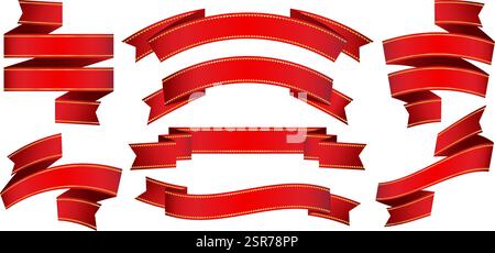 Illustrazione vettoriale otto nastri rossi che scorrono sfondi isolati per ponti, collage, scenografie, interfaccia utente Illustrazione Vettoriale