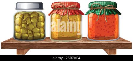 Tre vasetti di conserve su un ripiano di legno Illustrazione Vettoriale