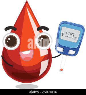 Goccia di sangue sorridente che regge un glucometro digitale Illustrazione Vettoriale