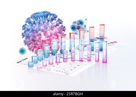 Ceppi di virus emergenti, illustrazione concettuale. Grafici che mostrano nuovi ceppi virali e le loro mutazioni. Foto Stock