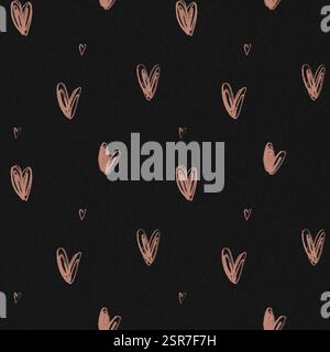 Cuori ripetizione senza cuciture con un piccolo colore di mocha mousse color terra cuori a matita disegnati a mano su sfondo nero scuro. Semplice carino Foto Stock