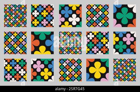 Collezione di motivi floreali con forme a trifoglio e petali colorati su sfondo bianco. Set di vettori geometrici senza cuciture in stile retrò. Illus di alta qualità Illustrazione Vettoriale