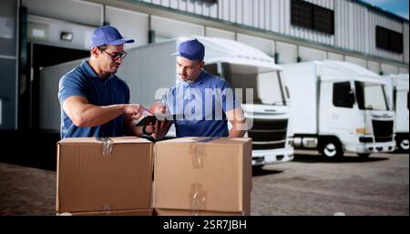 Il lavoratore impegnato nel magazzino ispeziona le spedizioni per le attività di consegna del materiale promozionale Foto Stock