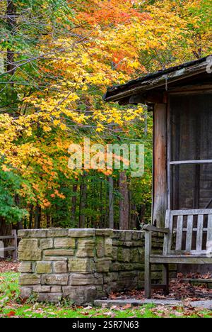 Il porcj di una piccola cabina è un luogo invitante dove sedersi e contemplare l'autunno, Ryerson Conservation area, Lake County, Illinois Foto Stock