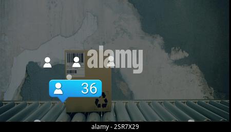 Immagine di un aumento delle notifiche sui social media e delle icone delle persone sulla scatola del nastro trasportatore Foto Stock