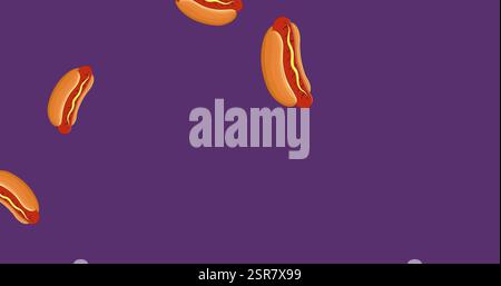 Immagine di hot dog caduta icone su sfondo viola Foto Stock