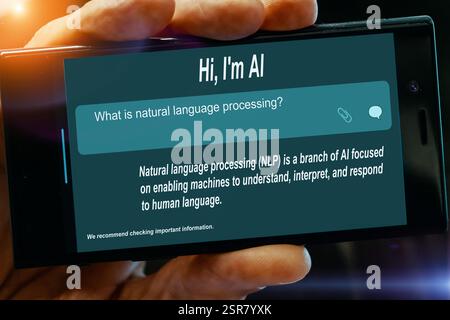 Cos'è l'elaborazione del linguaggio naturale? Domanda per l'intelligenza artificiale sullo schermo dei tablet l'elaborazione del linguaggio naturale (NLP) è un ramo dell'intelligenza artificiale che si concentra sull'abilitazione delle macchine Foto Stock