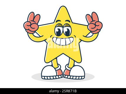 Personaggio mascotte di un'illustrazione a stella in piedi con le mani che formano un simbolo di pace in colori gialli Illustrazione Vettoriale