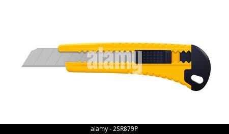 Coltello per cancelleria da ufficio in realistico stile 3d isolato su sfondo bianco. Illustrazione vettoriale. Illustrazione Vettoriale